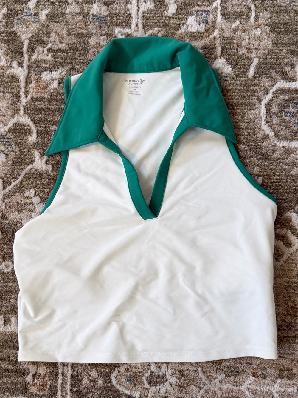 White Sleeveless Polo Tank with Green Trim and Built In Bra